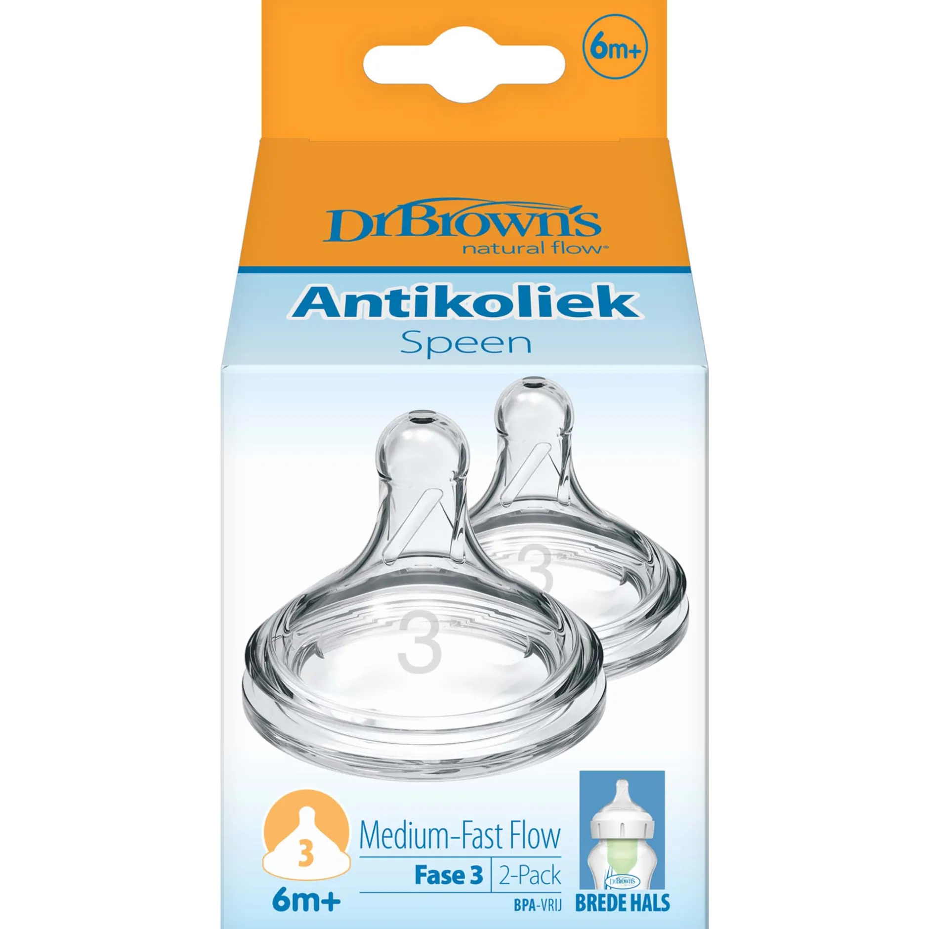 Flesspenen*Dr. Brown's Options+ speen fase 3 Brede Halsfles transparant