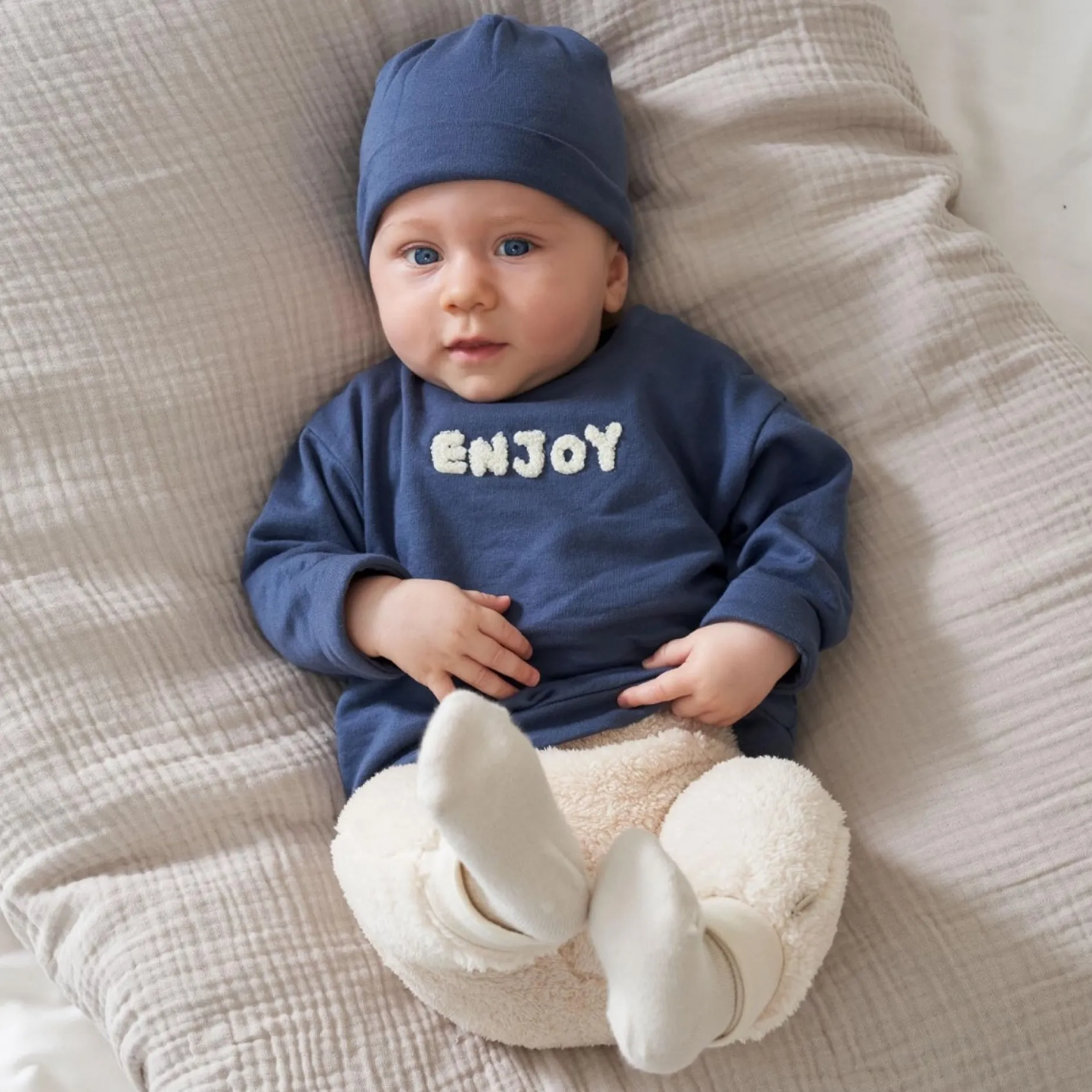 Mutsjes & Haarbandjes|Broeken*Prénatal &Joy newborn muts, sweater & broek teddy Dark Kobalt