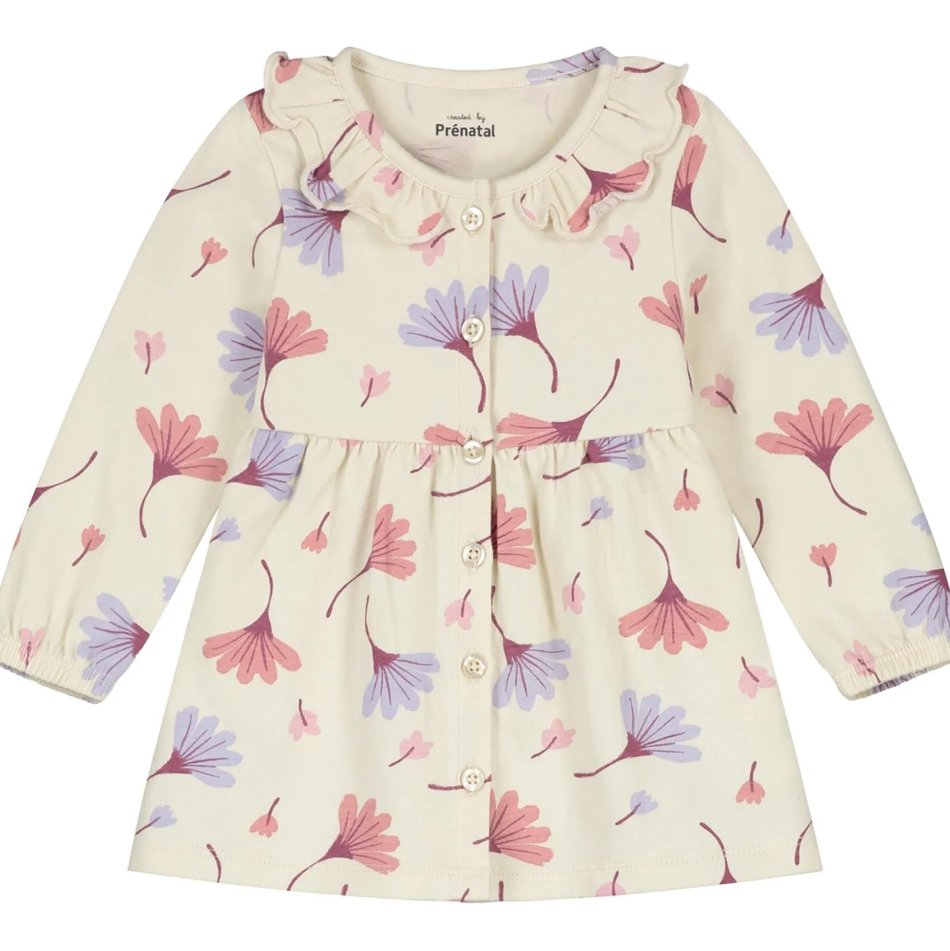 Jurken & Rokken|Jurken & Rokken*Prénatal newborn jurk lange mouwen all over print beige Dark Ecru