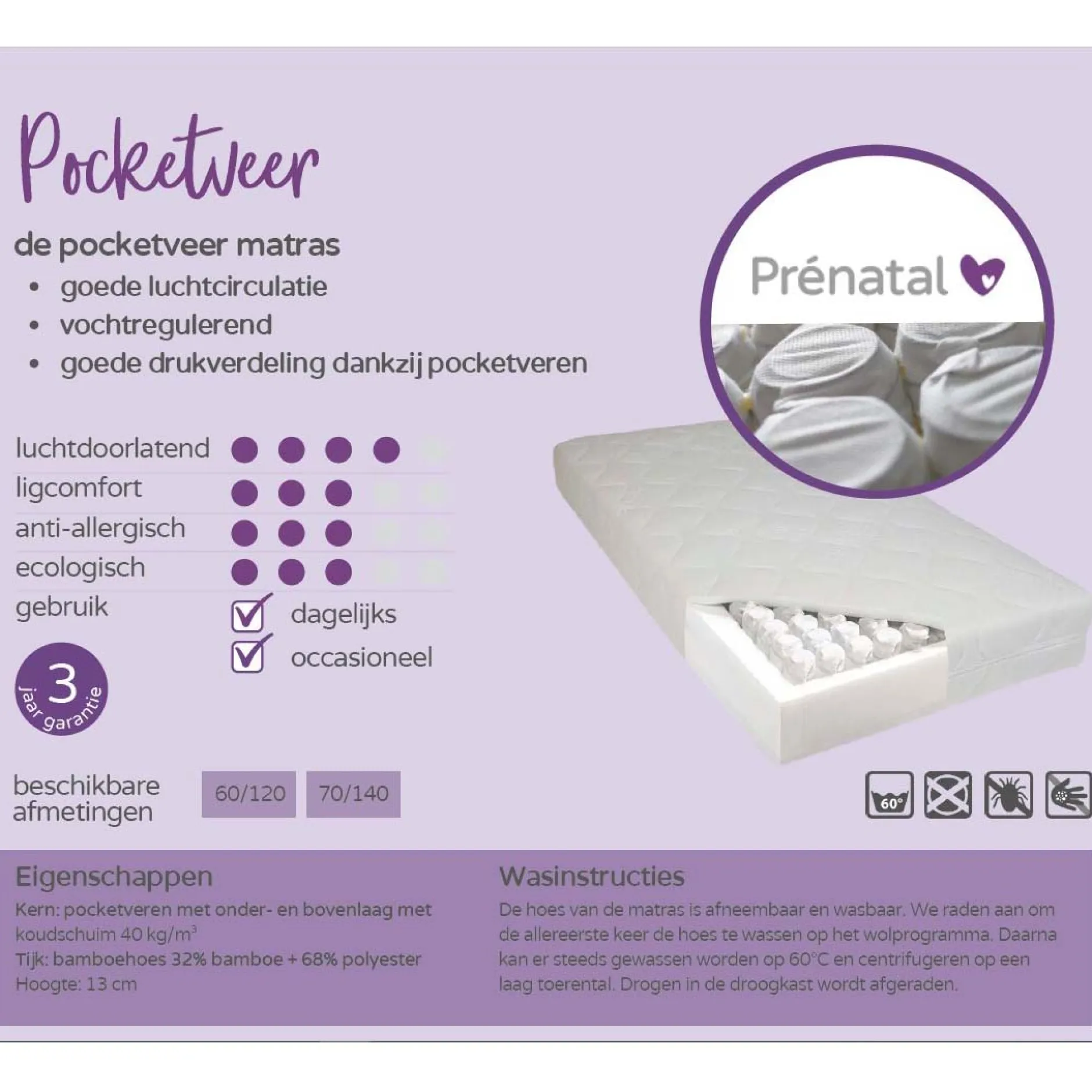 Ledikantmatrassen*Prénatal pocketveermatras bamboo 60x120cm