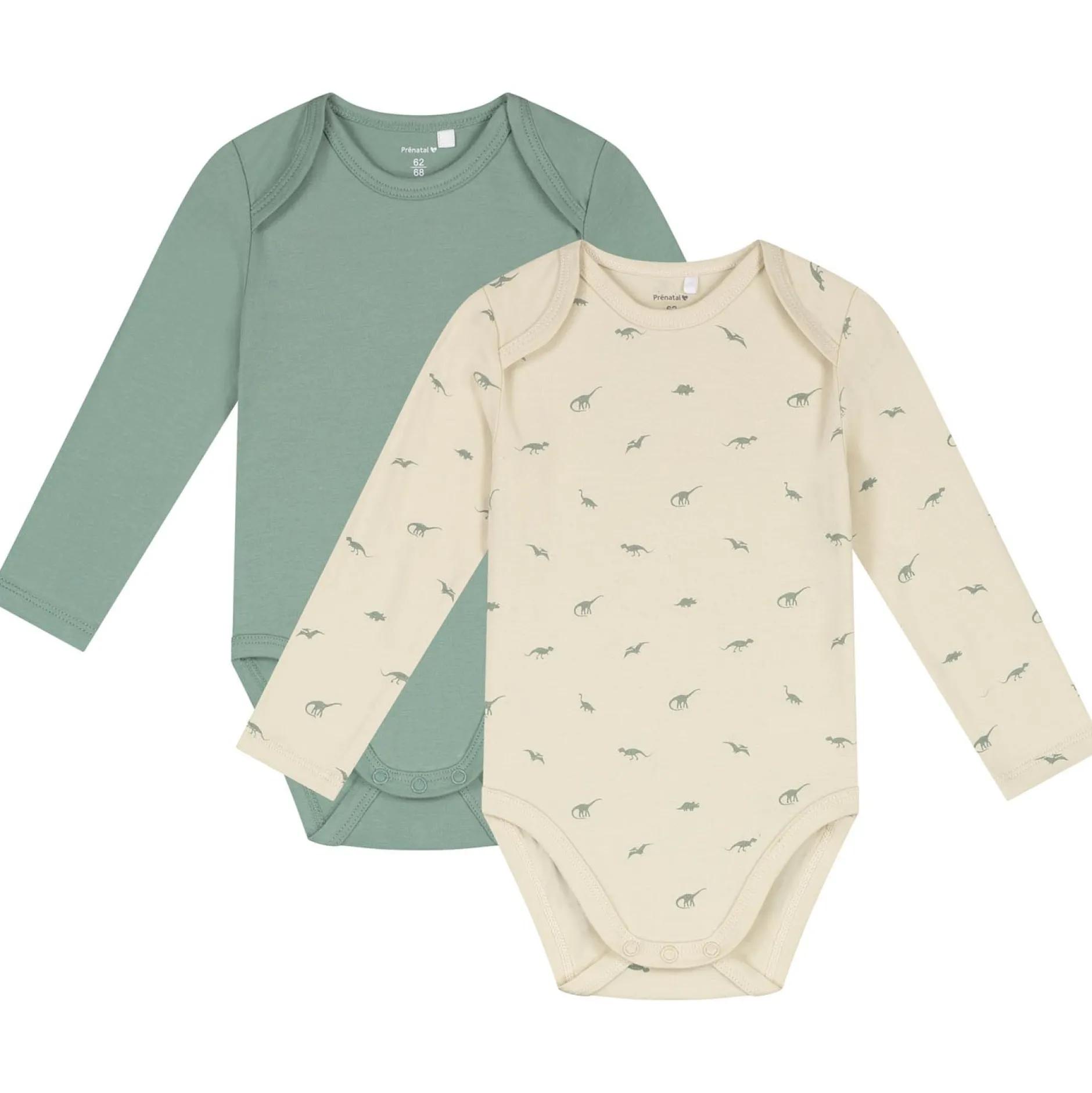 Rompers|Rompers*Prénatal romper kleine dino 2 stuks lange mouwen all over print groen Dark Ecru