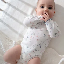 Rompers|Rompers*Prénatal romper romantische rib lange mouwen bloemen wit Ivory White