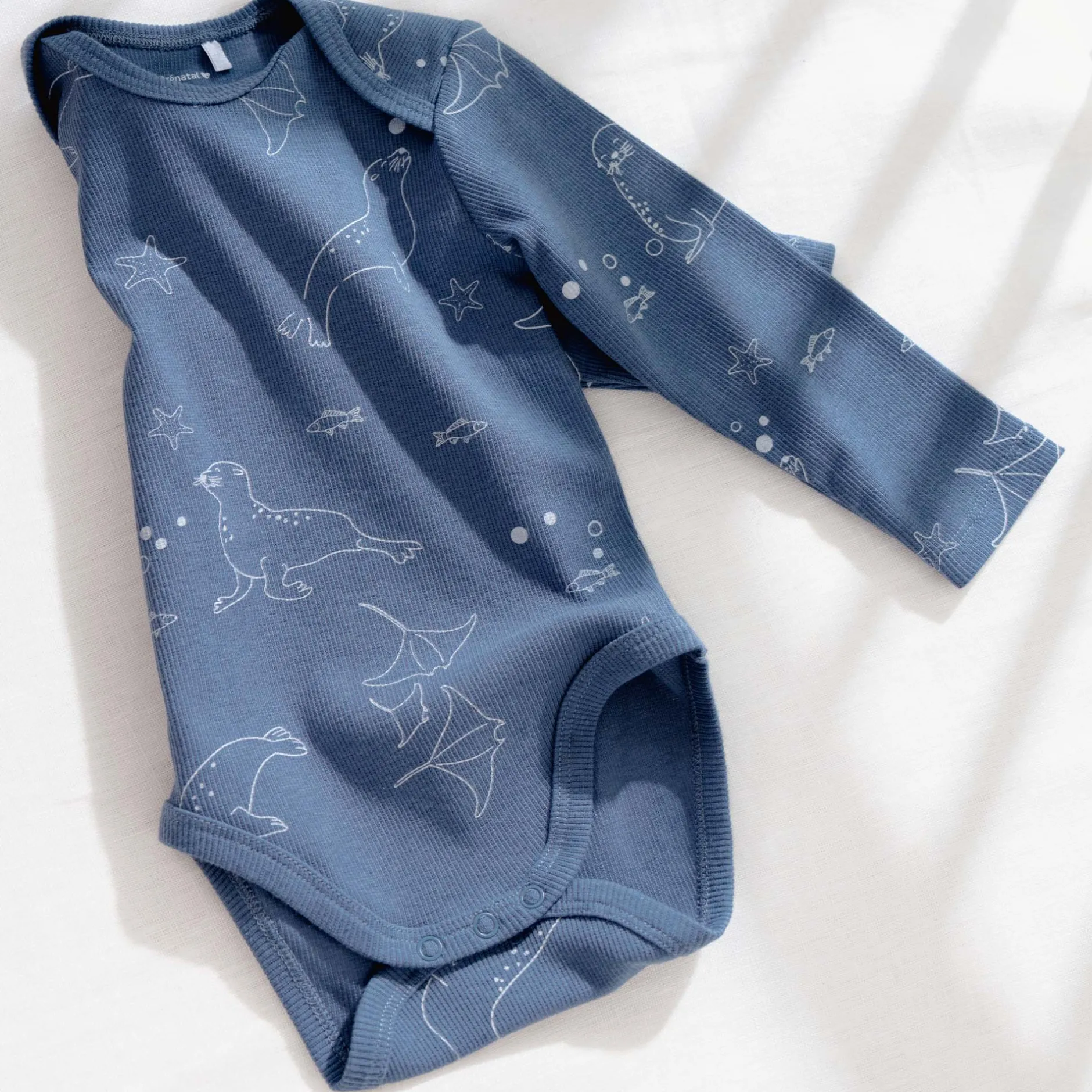 Rompers|Rompers*Prénatal romper zeehond rib lange mouwen all over print blauw Steel Blue
