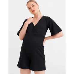 Voedingsjurken|Jurken & Rokken*Prénatal zwangerschapsjumpsuit korte mouwen effen zwart Black