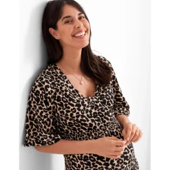 Voedingsjurken|Jurken & Rokken*Prénatal zwangerschapsjumpsuit korte mouwen panterprint bruin Light Brown Melange