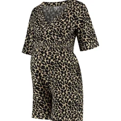 Voedingsjurken|Jurken & Rokken*Prénatal zwangerschapsjumpsuit korte mouwen panterprint bruin Light Brown Melange
