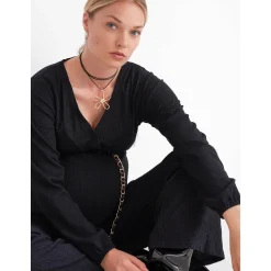 Voedingsjurken|Jurken & Rokken*Prénatal zwangerschapsjumpsuit lange mouwen effen zwart Black