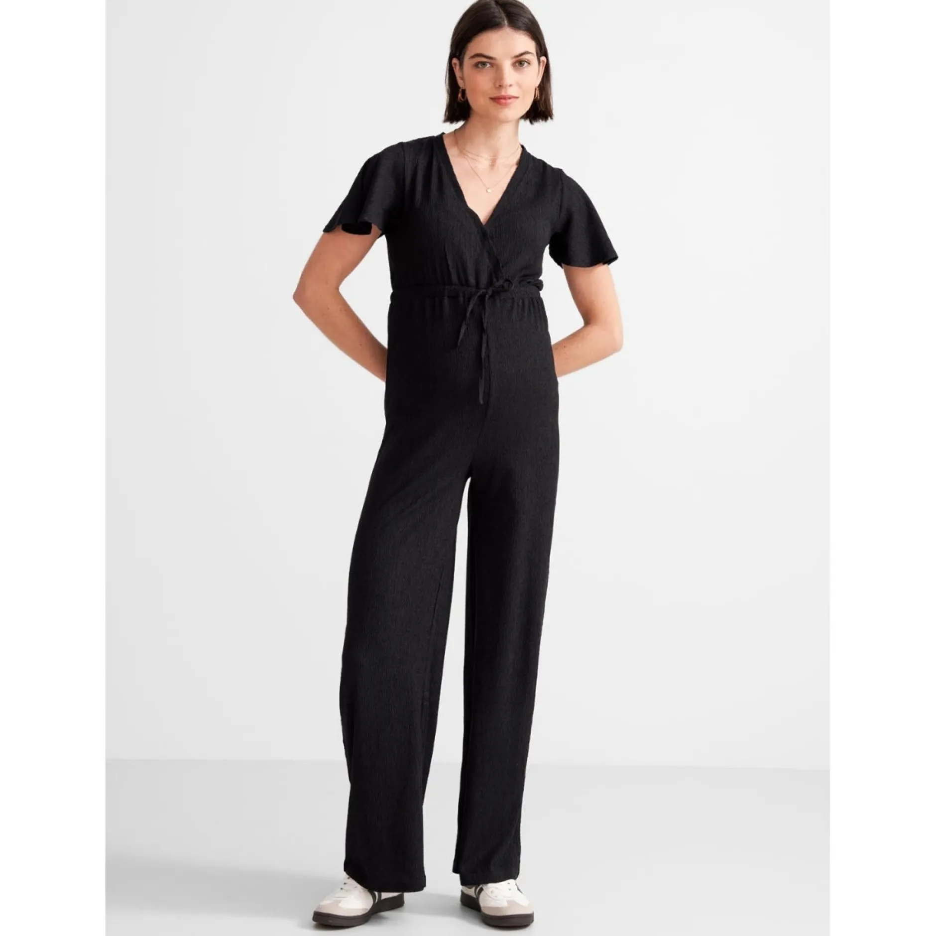 Voedingsjurken|Basics*Prénatal zwangerschapsjumpsuit korte mouwen effen zwart Black