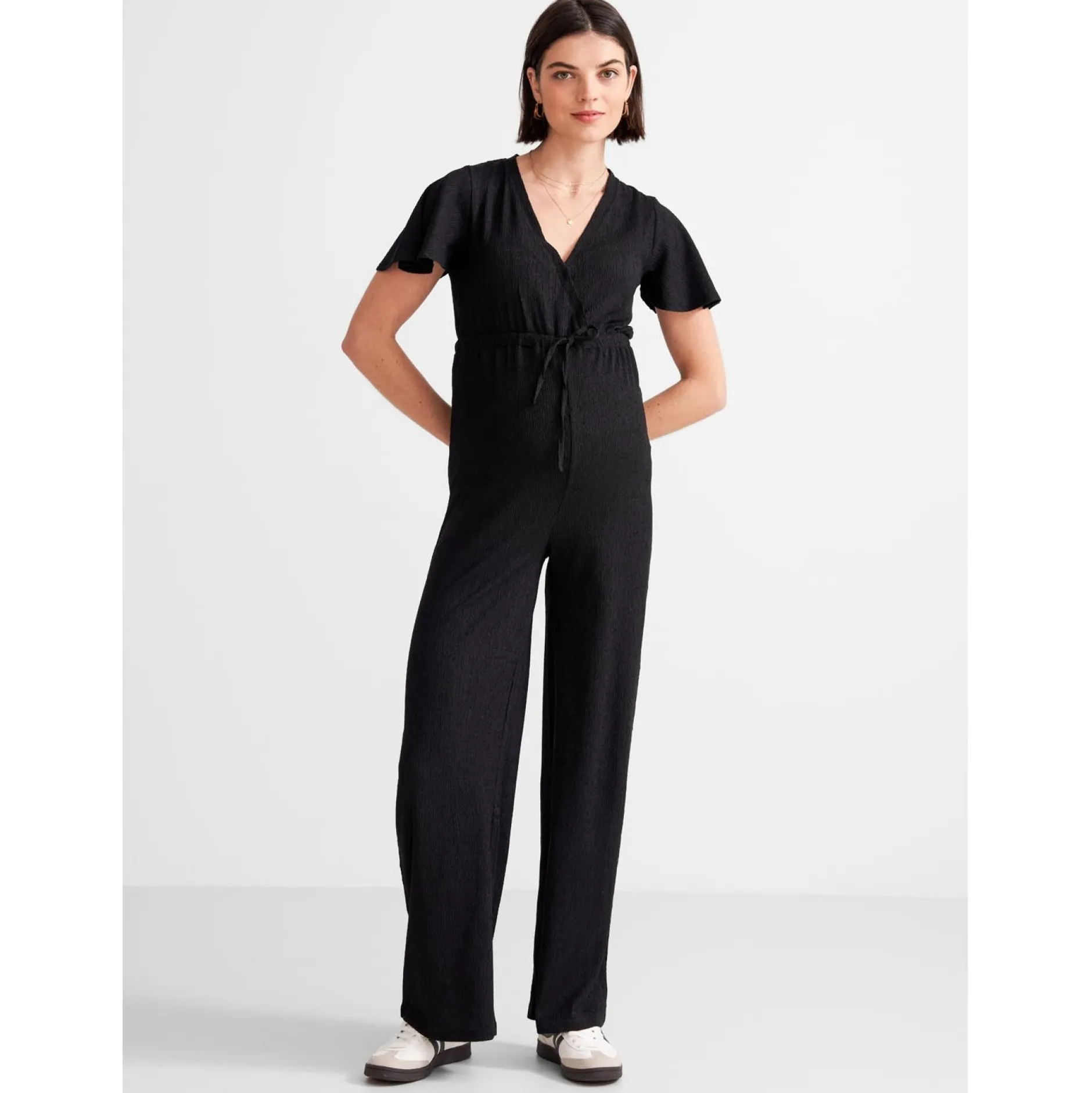 Voedingsjurken|Basics*Prénatal zwangerschapsjumpsuit korte mouwen effen zwart Black