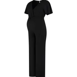 Voedingsjurken|Basics*Prénatal zwangerschapsjumpsuit korte mouwen effen zwart Black