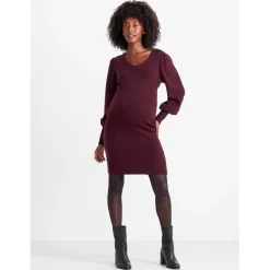 Jurken & Rokken*Prénatal zwangerschapsjurk lange mouwen effen rood Mid Red Melange