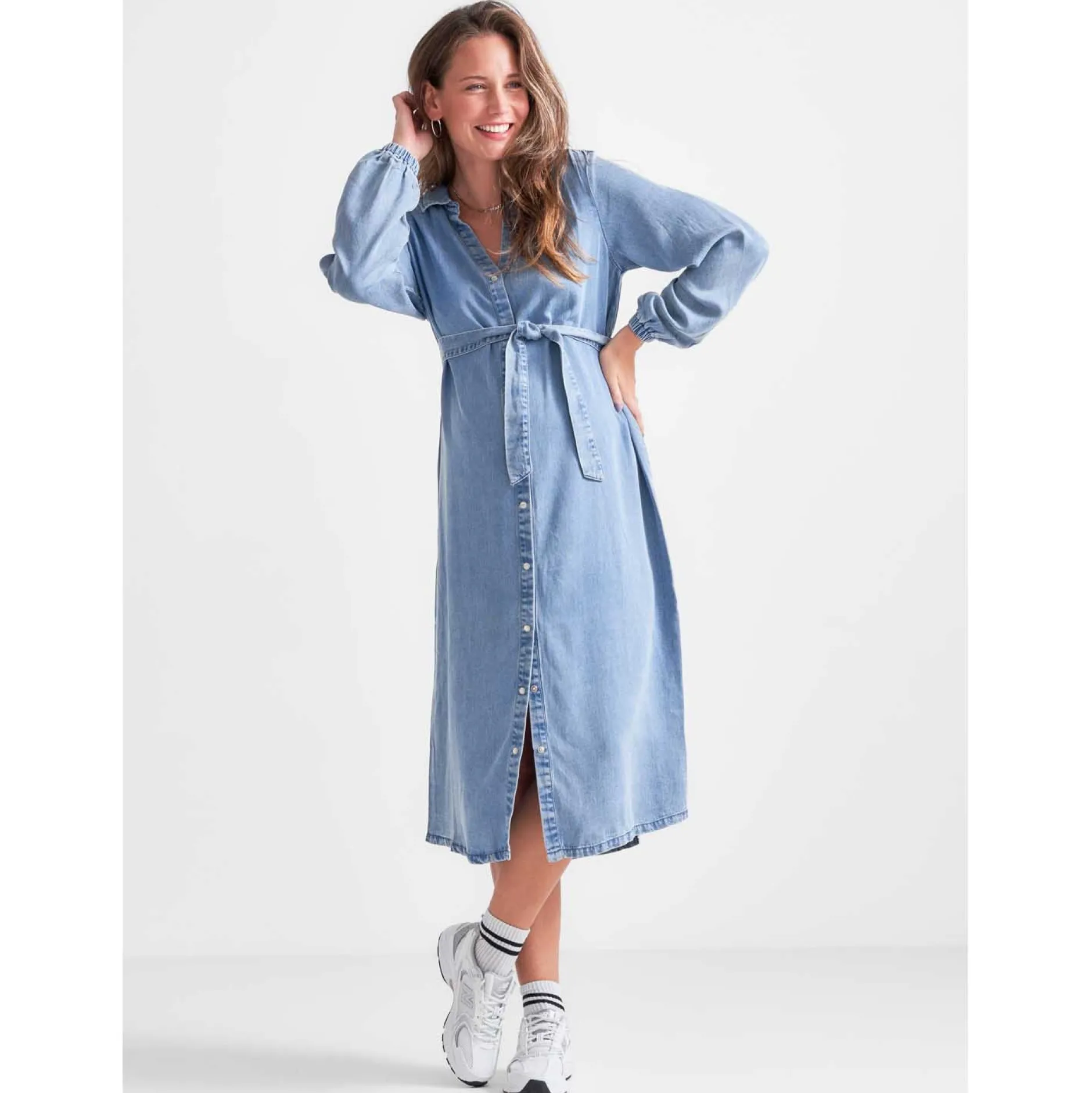 Voedingsjurken|Jurken & Rokken*Prénatal zwangerschapsjurk lange mouwen effen blauw Light Blue Denim