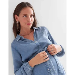 Voedingsjurken|Jurken & Rokken*Prénatal zwangerschapsjurk lange mouwen effen blauw Light Blue Denim