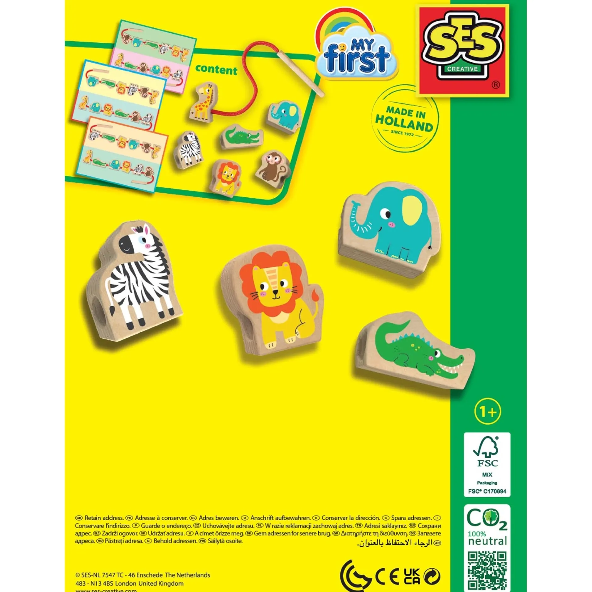 Tekenen|Puzzels & Spellen*SES My First - Houten dieren kralen rijgen Multi