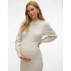 Jurken & Rokken*Vero Moda Maternity VERO MODA zwangerschapsjurk lange mouwen effen beige Light Ecru